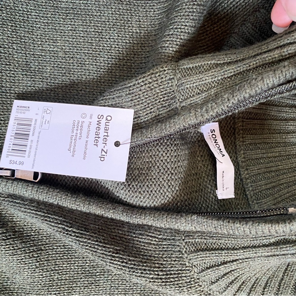 Sonoma Men's Olive Green Quarter-Zip Sweater